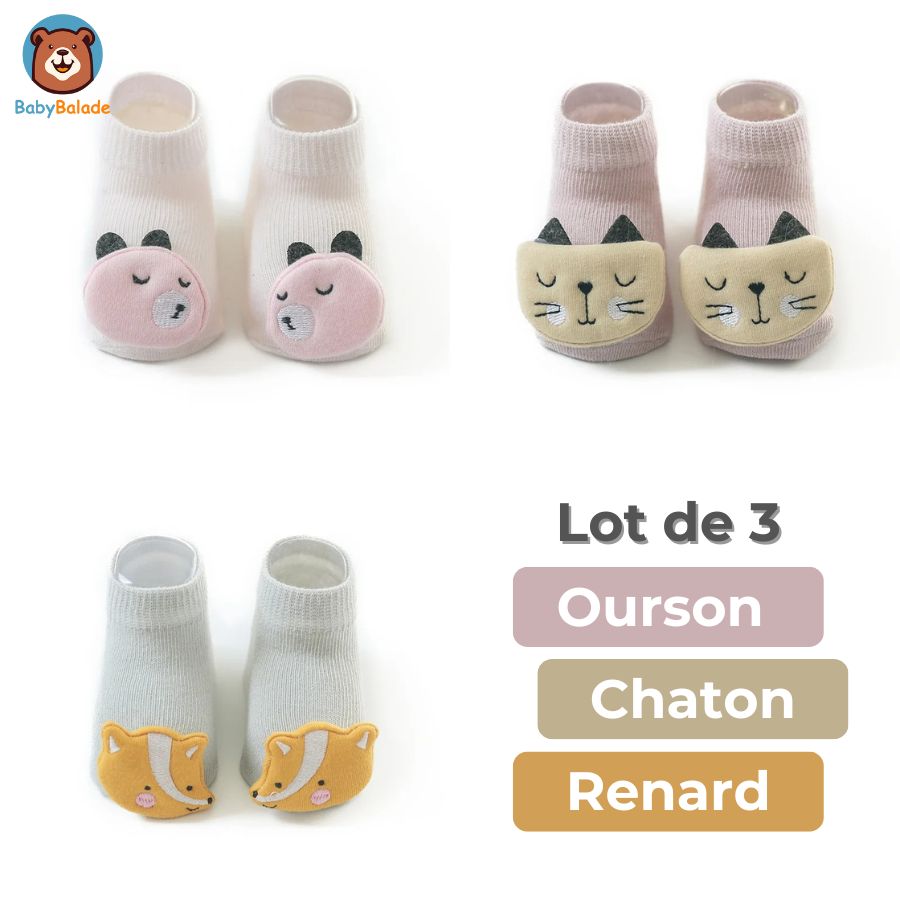 Chaussette Antidérapante bébé - lot de 3 modèles différents ourson chaton et renard