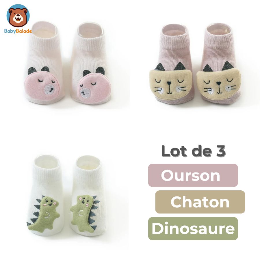 Chaussette Antidérapante bébé - lot de 3 modèles différents ourson chaton et dinosaure