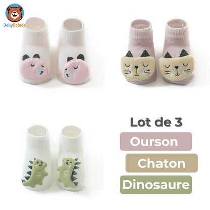 Chaussette Antidérapante bébé - lot de 3 modèles différents ourson chaton et dinosaure