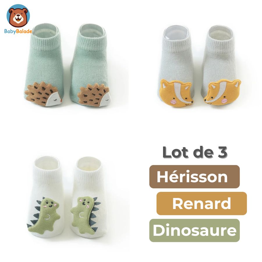 Chaussette Antidérapante bébé - lot de 3 modèles différents hérisson renard et dinosaure