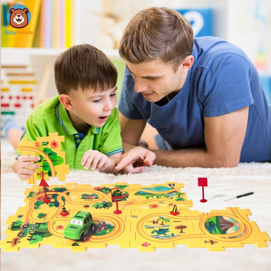 Circuit Voiture Puzzle - papa et son garçon en train de jouer ensemble