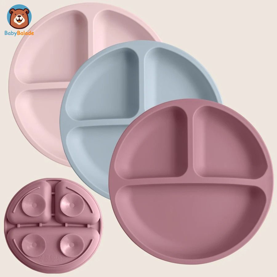 assiette bébé ventouse avec 3 compartiments en silicone