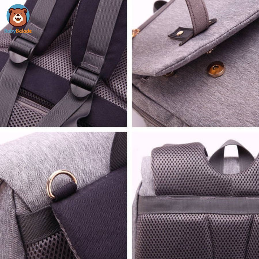 sac à dos à langer de couleur gris avec une finition de très haute qualité